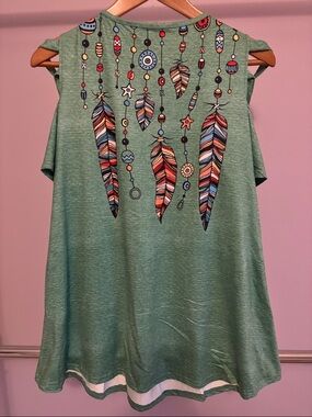 Green Feather-Print Cut-out Shoulder Sleeves Women's Large Tunic